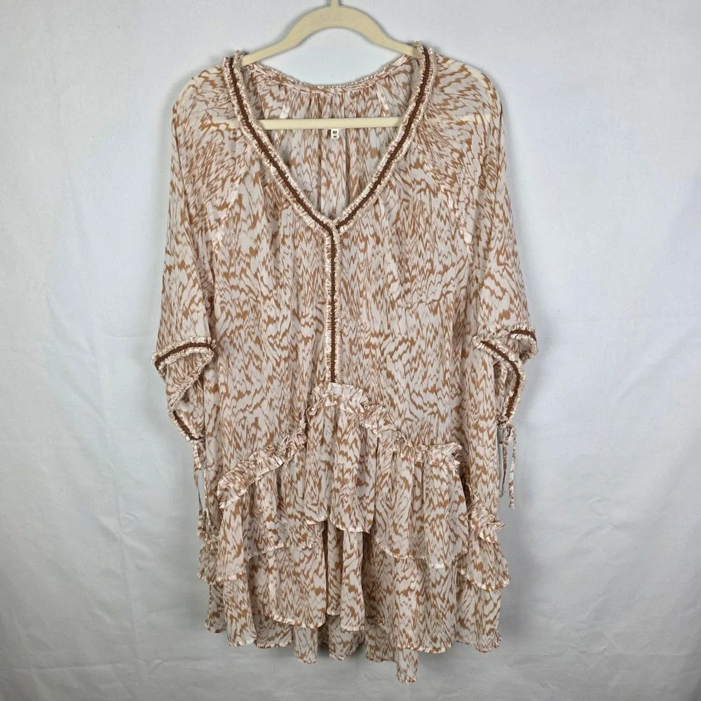 Aerie‎ Tan White Ikat Print Tiered Ruffle Swim Coverup Dress XS/S